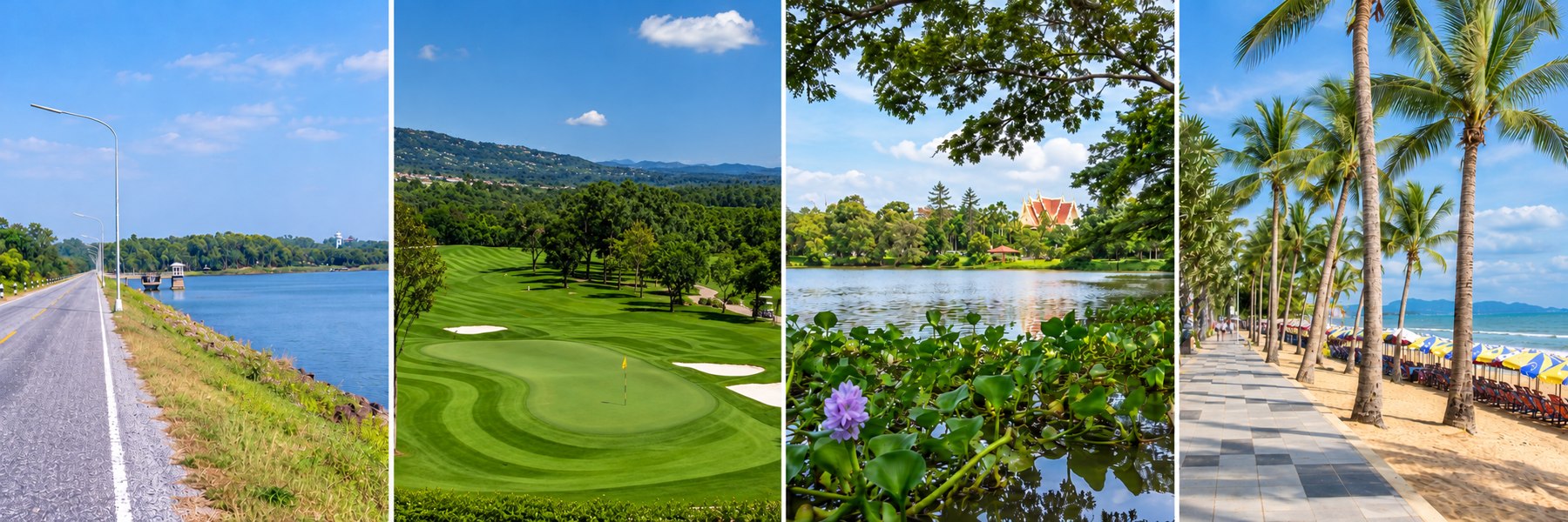 Mabprachan Lake, Siam Country Club Old Course, Huay Yai lakeside and Jomtien Beach collage